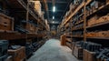 Old warehouse with new modern weapon, perspective view, firearm stored on vintage shelves in dark storage. Illegal smuggle arsenal Royalty Free Stock Photo