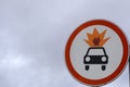 Old warning sign on vehicle with tank for flammable liquid background. Transportation of flammable and combustible liquids. Color