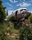 An old warplane its wings and fuselage now dappled with pink rose buds and daisies. Abandoned landscape. AI generation