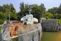 Old warship and landing craft Royalty Free Stock Photo