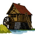 Old water mill engraving style raster illustration Royalty Free Stock Photo