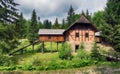 Old water mill in green landscape witg forest