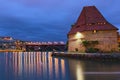 The Old Water tower is one of the main travel destinations in Maribor. Amazing autumn landscape of Drava River during sunrise Royalty Free Stock Photo