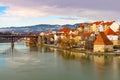 Old Water tower Vodni Stolp in Maribor city in Slovenia. Scenic view of medieval fortified tower, Old State bridge and Royalty Free Stock Photo