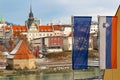 Old Water tower Vodni Stolp in Maribor city in Slovenia. Scenic view of medieval fortified tower, Old State bridge and Royalty Free Stock Photo