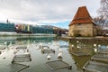 Old Water tower Vodni Stolp in Maribor city in Slovenia. Scenic view of medieval fortified tower, Old State bridge and Royalty Free Stock Photo