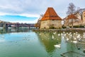 Old Water tower Vodni Stolp in Maribor city in Slovenia. Scenic view of medieval fortified tower, Old State bridge and Royalty Free Stock Photo