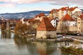 Old Water tower Vodni Stolp in Maribor city in Slovenia. Scenic view of medieval fortified tower, Old State bridge and Royalty Free Stock Photo