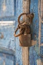 Old waterfront house shutter and padlock Mykonos Town Greece Royalty Free Stock Photo