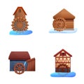 Old watermill icons set cartoon vector. Wooden structure uses river hydropower