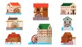 Old watermills set, vintage traditional stone and wooden houses with wheel to grind flour