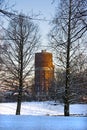 Old watertower with snow in winter