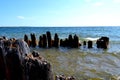 Deteriorated wooden pylons on the Great Lakes at Gladstone Michigan Royalty Free Stock Photo