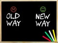 Old Way versus New Way message with sad and happy emoticon faces Royalty Free Stock Photo