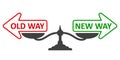 Old way vs new way icon, improvement and change management business concept with arrows and weight sign - vector