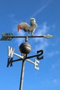 old weathercock in iron on blue sky background