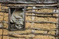 The old weathered adobe wall and wooden window. Royalty Free Stock Photo