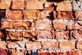 fragment of old crumbling brick wall shot close-up with backlight Royalty Free Stock Photo