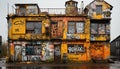 Old, weathered building exterior covered in graffiti and messy paint generated by AI