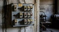 an old and weathered electrical panel with multiple circuit breakers mounted on a dirty wall in an abandoned industrial setting, s Royalty Free Stock Photo
