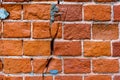 An old weathered fragment of a brick wall with cracks. Background for the designer. A large brick