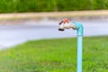 Old and weathered garden`s faucet water tap in beautiful sunlight with green grass in background