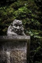 Old weathered garden statue with the title `Forever lost in thought`.