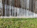 Old weathered garden yard fence with knotty wood and lush greenery ground cover lawn edge