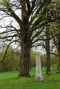 Intricate design of tall headstone weathered with age and elements, saratoga Monument and Victory Woods, New York, 2019