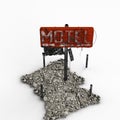 Old and weathered motel sign on a pile of rubble, on a pristine white background, 3D rendered Royalty Free Stock Photo