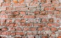 Old and weathered red brick wall close up. Vintage house facade. Abstract texture, horizontal brick tile background. Royalty Free Stock Photo