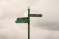 Old weathered sign with directions arrow to Fort Charles, Kinsale and Scilly walk. Cloudy sky in the background. County Cork,