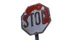 Weathered road sign, stop sign on white background