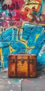 Old suitcase in front of graffiti covered wall