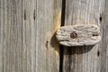 Old weathered wooden locking bolt at wooden barn door Royalty Free Stock Photo