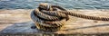 Old weathered wooden pier with a metal mooring ring and a stretched rope, concept of Coastal Erosion, created with Royalty Free Stock Photo