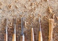 Old and well used wood carving chisels Royalty Free Stock Photo