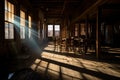 the old West nostalgia sun rays streaming into derelict saloon with chairs stacked in center. Or perhaps it\'s a movie set.