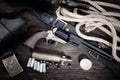 Old West. Percussion Army Revolver with paper cartridges, bullets, powder flask and holster
