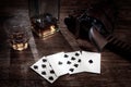 Old west poker. Dead man`s hand. Two-pair poker hand consisting of the black aces and black eights, held by Old West gunfighter Royalty Free Stock Photo