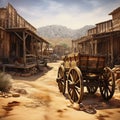 Old west wagon on a western town with dusty roads and old wooden buildings Royalty Free Stock Photo