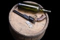 Old West Weapon - Percussion Army Revolver with paper cartidges and green glass liquor bottle