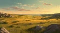 Serene Prairie Valley Sunset Painting With Hyper-realistic Details