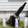 Whale Harpoon, whaling harpoon gun, in front of Police Station of Port Stanley, Capital City of Falkland Islands or Las Malvinas Royalty Free Stock Photo