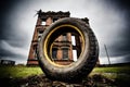an old wheel in front of abandoned house, dark dramatic sky