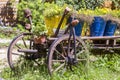 Old wheel wooden cart with flower pots in the garden. Carpathian mountains in the summer. Ukraine. Royalty Free Stock Photo