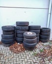 Old wheels tires used staples Royalty Free Stock Photo