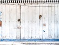 Old white and blue wood wall on foot path of Asia vintage building for background Royalty Free Stock Photo