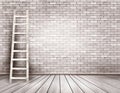 Old white brick wall background with wooden ladder.