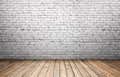 Old white brick wall and wooden floor Royalty Free Stock Photo